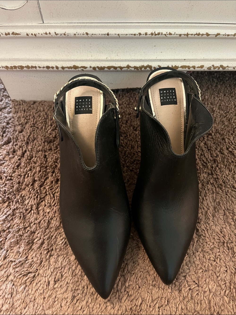 White House Black Market Black Mules with Gold Chain Trim - Picture 2 of 5